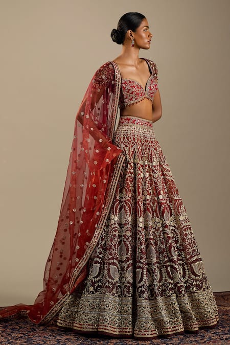 Cedar & Pine_Red Organza, Tulle Embroidery, Sequins, Zari Sweetheart Tuscany Lehenga Set _at_Aza_Fashions