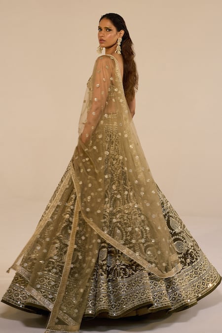 Cedar & Pine_Green Organza, Tulle Embroidery, Sequins, Zari, Beads Basil Lehenga Set _Online_at_Aza_Fashions