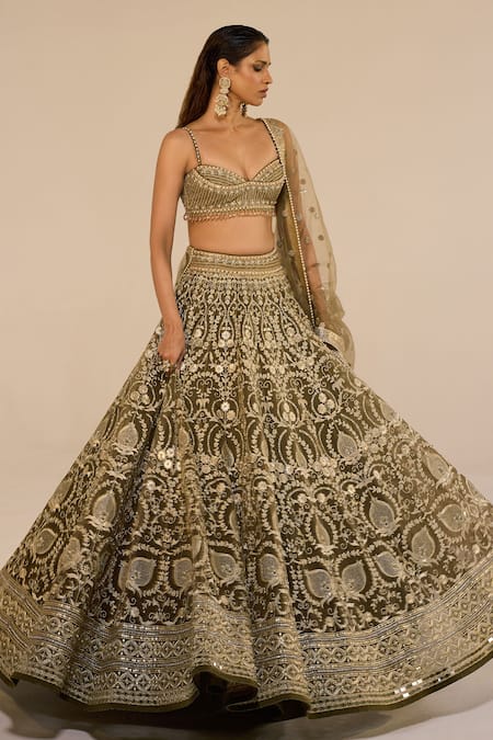 Cedar & Pine_Green Organza, Tulle Embroidery, Sequins, Zari, Beads Basil Lehenga Set _at_Aza_Fashions