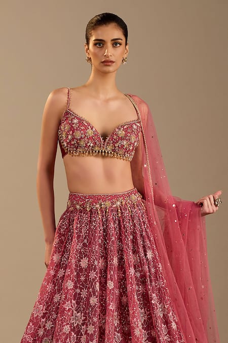 Cedar & Pine_Pink Velvet, Tulle, Organza Sequins, Zari, Florence Embroidered Lehenga Set _Online_at_Aza_Fashions