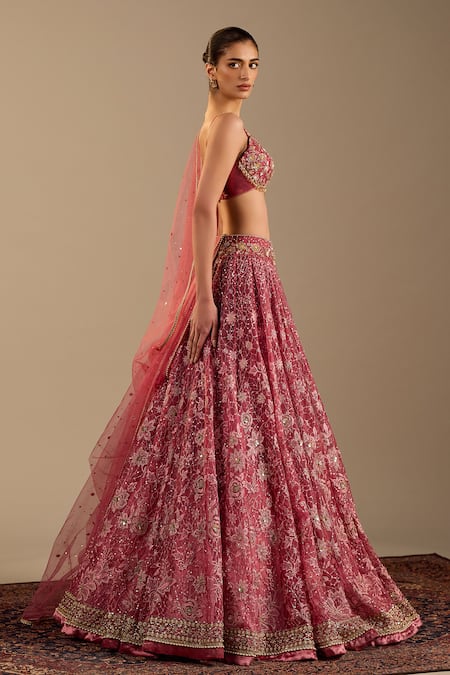 Buy_Cedar & Pine_Pink Velvet, Tulle, Organza Sequins, Zari, Florence Embroidered Lehenga Set _Online_at_Aza_Fashions