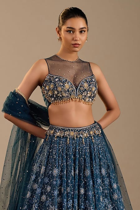 Cedar & Pine_Blue Velvet, Tulle, Organza Embroidery, Sequins, Zari Venice Lehenga Set _Online_at_Aza_Fashions