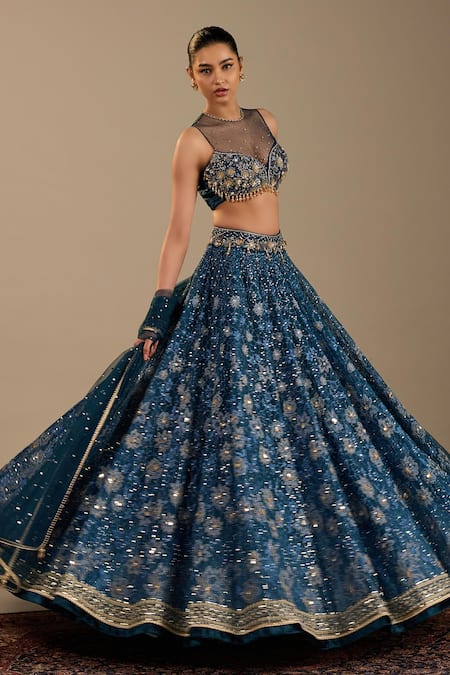 Buy_Cedar & Pine_Blue Velvet, Tulle, Organza Embroidery, Sequins, Zari Venice Lehenga Set _Online_at_Aza_Fashions