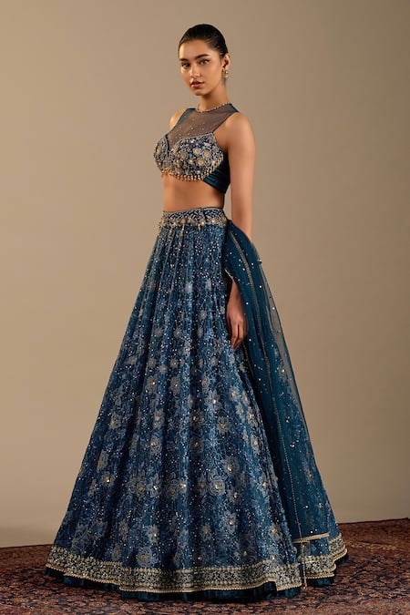 Shop_Cedar & Pine_Blue Velvet, Tulle, Organza Embroidery, Sequins, Zari Venice Lehenga Set _Online_at_Aza_Fashions