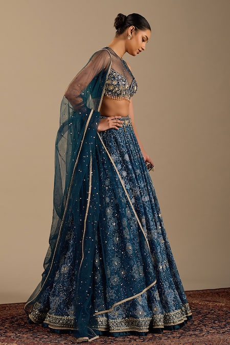 Cedar & Pine_Blue Velvet, Tulle, Organza Embroidery, Sequins, Zari Venice Lehenga Set _at_Aza_Fashions