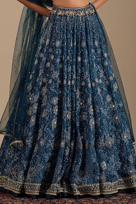 Buy_Cedar & Pine_Blue Velvet, Tulle, Organza Embroidery, Sequins, Zari Venice Lehenga Set 