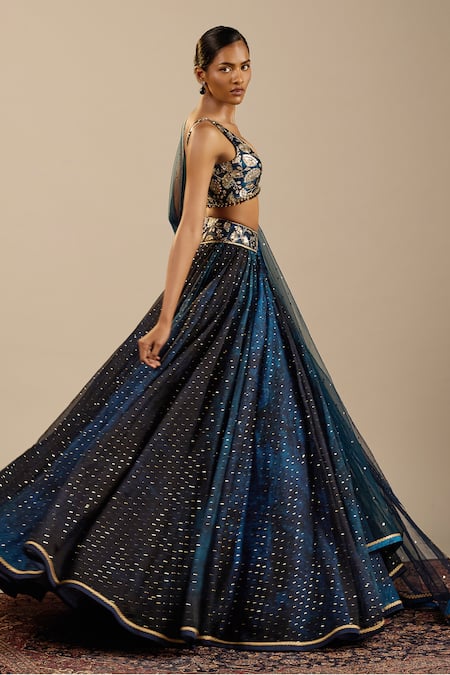 Buy_Cedar & Pine_Blue Organza, Tulle Zari, Foil Printing Neville Polka Dot Pattern Lehenga Set _Online_at_Aza_Fashions