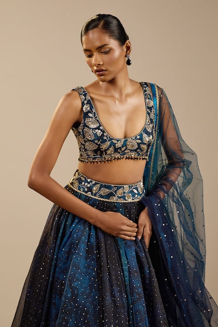 Shop_Cedar & Pine_Blue Organza, Tulle Zari, Foil Printing Neville Polka Dot Pattern Lehenga Set _Online_at_Aza_Fashions