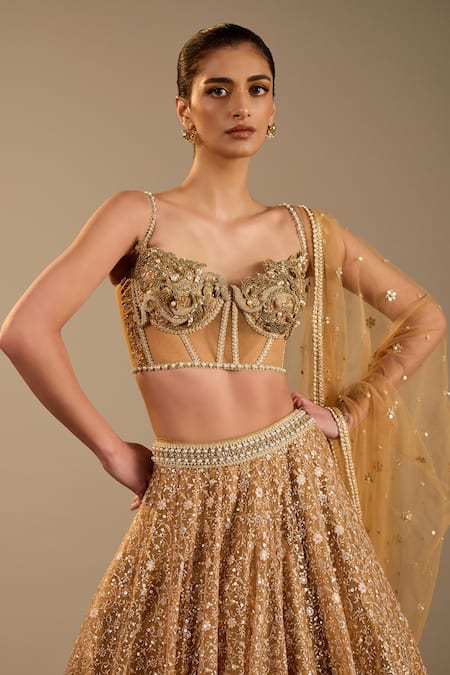 Cedar & Pine_Gold Organza, Tulle Embroidery, Sequins, Beads Sweetheart Genoa Lehenga Set _Online_at_Aza_Fashions