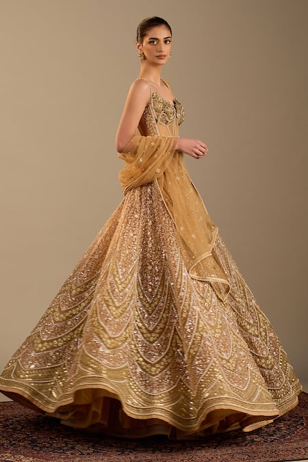 Buy_Cedar & Pine_Gold Organza, Tulle Embroidery, Sequins, Beads Sweetheart Genoa Lehenga Set _Online_at_Aza_Fashions