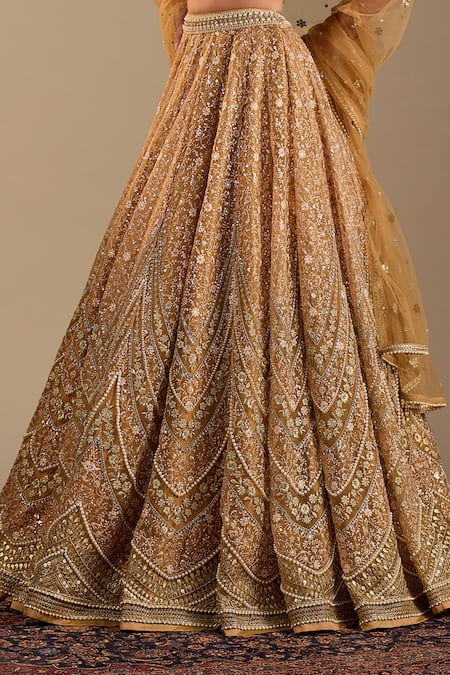 Shop_Cedar & Pine_Gold Organza, Tulle Embroidery, Sequins, Beads Sweetheart Genoa Lehenga Set _Online_at_Aza_Fashions