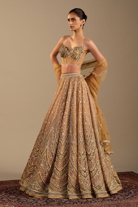 Cedar & Pine_Gold Organza, Tulle Embroidery, Sequins, Beads Sweetheart Genoa Lehenga Set _at_Aza_Fashions