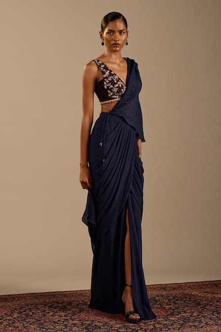 Cedar & Pine Navy Chinon, Velvet Embroidery V-neck Vittoria Pre-draped Saree And Blouse Set Online at Aza Fashions Cedar & Pine_Navy Chinon, Velvet Embroidery V-neck Vittoria Pre-draped Saree And Blouse Set _Online_at_Aza_Fashions