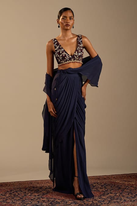 Buy Cedar & Pine Navy Chinon, Velvet Embroidery V-neck Vittoria Pre-draped Saree And Blouse Set Online at Aza Fashions Buy_Cedar & Pine_Navy Chinon, Velvet Embroidery V-neck Vittoria Pre-draped Saree And Blouse Set _Online_at_Aza_Fashions