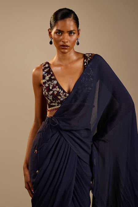 Shop Cedar & Pine Navy Chinon, Velvet Embroidery V-neck Vittoria Pre-draped Saree And Blouse Set Online at Aza Fashions Shop_Cedar & Pine_Navy Chinon, Velvet Embroidery V-neck Vittoria Pre-draped Saree And Blouse Set _Online_at_Aza_Fashions