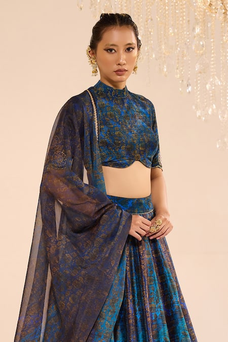 Buy_Cedar & Pine_Blue Dupion, Organza, Velvet Embroidery, Zari Aurora Ombre Pattern Lehenga Set _Online_at_Aza_Fashions