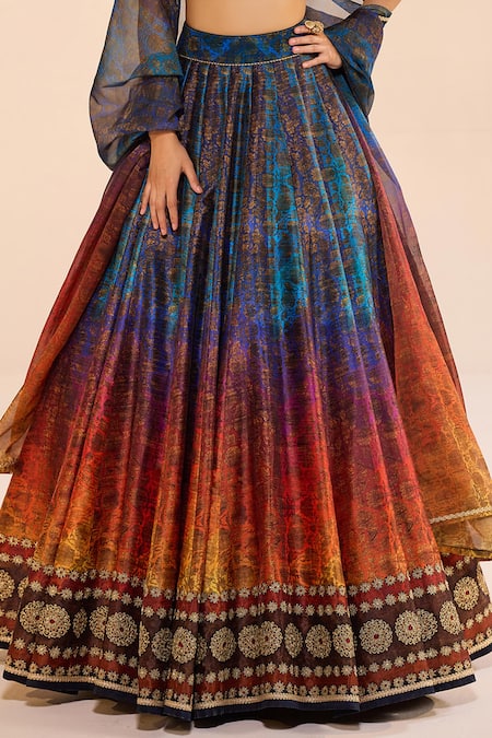 Shop_Cedar & Pine_Blue Dupion, Organza, Velvet Embroidery, Zari Aurora Ombre Pattern Lehenga Set _Online_at_Aza_Fashions