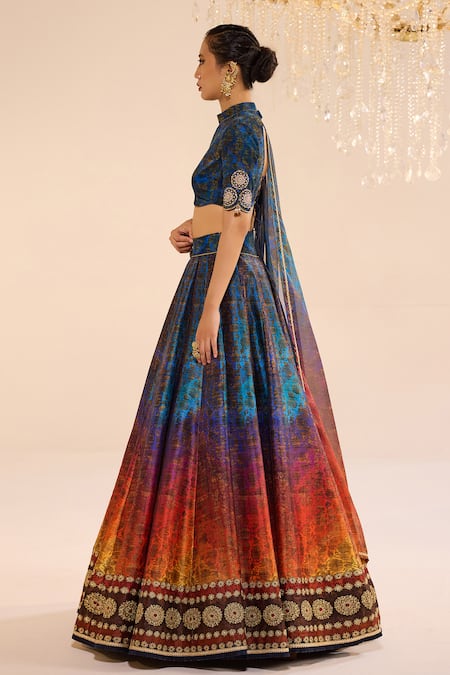 Cedar & Pine_Blue Dupion, Organza, Velvet Embroidery, Zari Aurora Ombre Pattern Lehenga Set _at_Aza_Fashions