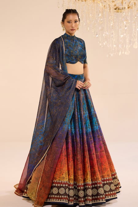 Buy_Cedar & Pine_Blue Dupion, Organza, Velvet Embroidery, Zari Aurora Ombre Pattern Lehenga Set 