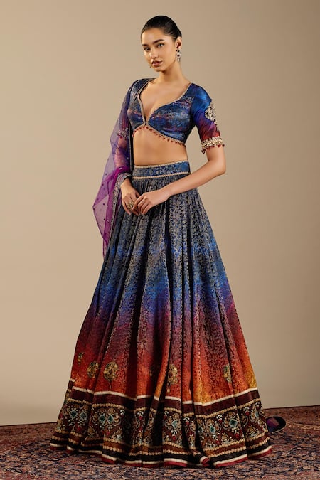 Cedar & Pine Blue Brocade, Dupion, Tulle Zari, Stones, Tesoro Ombre Printed Lehenga Set Online at Aza Fashions Cedar & Pine_Blue Brocade, Dupion, Tulle Zari, Stones, Tesoro Ombre Printed Lehenga Set _Online_at_Aza_Fashions
