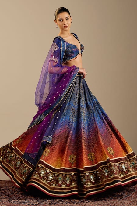 Shop Cedar & Pine Blue Brocade, Dupion, Tulle Zari, Stones, Tesoro Ombre Printed Lehenga Set Online at Aza Fashions Shop_Cedar & Pine_Blue Brocade, Dupion, Tulle Zari, Stones, Tesoro Ombre Printed Lehenga Set _Online_at_Aza_Fashions