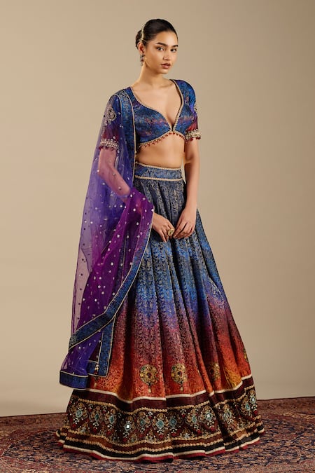 Cedar & Pine Blue Brocade, Dupion, Tulle Zari, Stones, Tesoro Ombre Printed Lehenga Set at Aza Fashions Cedar & Pine_Blue Brocade, Dupion, Tulle Zari, Stones, Tesoro Ombre Printed Lehenga Set _at_Aza_Fashions