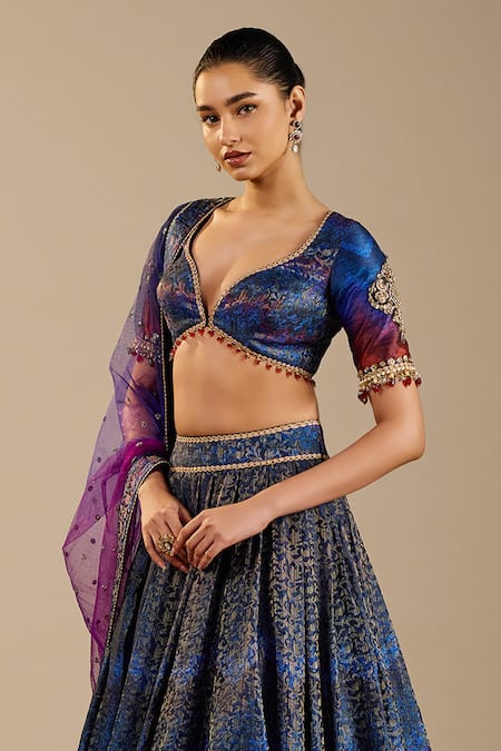 Buy Cedar & Pine Blue Brocade, Dupion, Tulle Zari, Stones, Tesoro Ombre Printed Lehenga Set Buy_Cedar & Pine_Blue Brocade, Dupion, Tulle Zari, Stones, Tesoro Ombre Printed Lehenga Set
