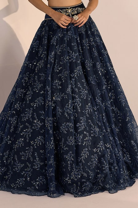 Buy_Cedar & Pine_Blue Organza, Velvet Sequins, Stones, Zari Nicole Embroidered Lehenga Set _Online_at_Aza_Fashions