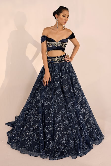 Cedar & Pine_Blue Organza, Velvet Sequins, Stones, Zari Nicole Embroidered Lehenga Set _at_Aza_Fashions