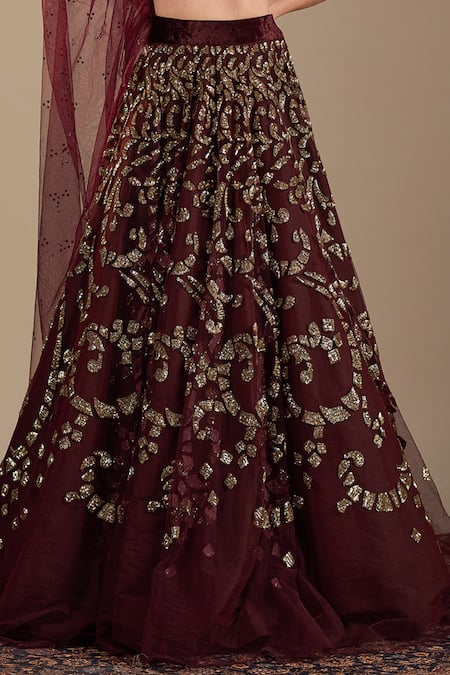 Buy_Cedar & Pine_Red Velvet, Tulle Embroidery, Sequins Halter Neck Veno Lehenga Set _Online_at_Aza_Fashions