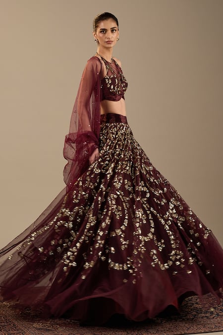 Shop_Cedar & Pine_Red Velvet, Tulle Embroidery, Sequins Halter Neck Veno Lehenga Set _Online_at_Aza_Fashions