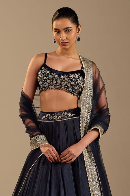 Cedar & Pine_Blue Silk, Velvet, Tulle Embroidery, Zari Scoop Neck Nero Lehenga Set _Online_at_Aza_Fashions