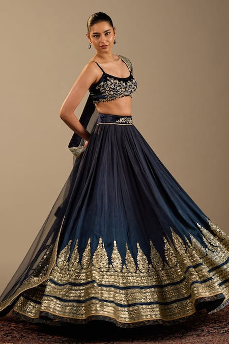 Buy_Cedar & Pine_Blue Silk, Velvet, Tulle Embroidery, Zari Scoop Neck Nero Lehenga Set _Online_at_Aza_Fashions
