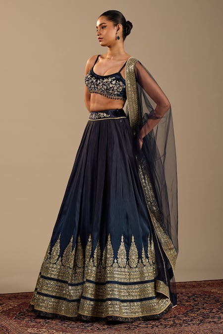Cedar & Pine_Blue Silk, Velvet, Tulle Embroidery, Zari Scoop Neck Nero Lehenga Set _at_Aza_Fashions
