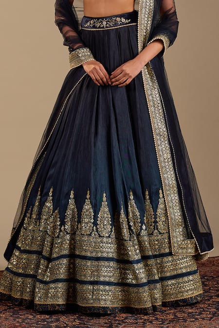 Buy_Cedar & Pine_Blue Silk, Velvet, Tulle Embroidery, Zari Scoop Neck Nero Lehenga Set 
