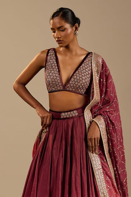 Cedar & Pine_Pink Silk, Velvet, Georgette Embroidery, Zari V-neck Gaia Ombre Lehenga Set _Online_at_Aza_Fashions