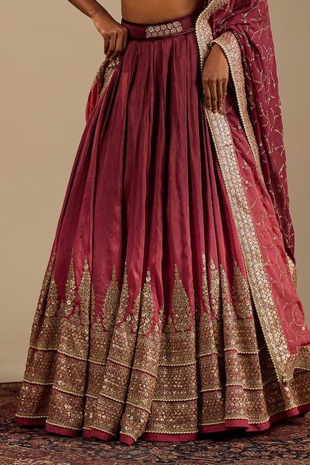 Buy_Cedar & Pine_Pink Silk, Velvet, Georgette Embroidery, Zari V-neck Gaia Ombre Lehenga Set _Online_at_Aza_Fashions
