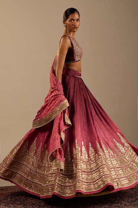 Shop_Cedar & Pine_Pink Silk, Velvet, Georgette Embroidery, Zari V-neck Gaia Ombre Lehenga Set _Online_at_Aza_Fashions