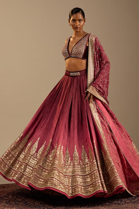 Cedar & Pine_Pink Silk, Velvet, Georgette Embroidery, Zari V-neck Gaia Ombre Lehenga Set _at_Aza_Fashions