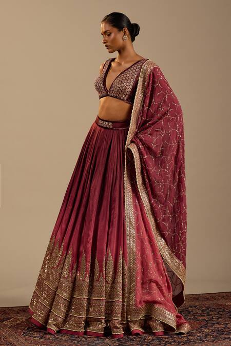 Buy_Cedar & Pine_Pink Silk, Velvet, Georgette Embroidery, Zari V-neck Gaia Ombre Lehenga Set 