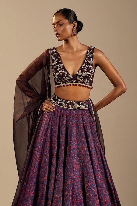 Cedar & Pine_Blue Satin, Velvet, Organza Zari, Embroidery V-neck Vittoria Printed Lehenga Set _Online_at_Aza_Fashions