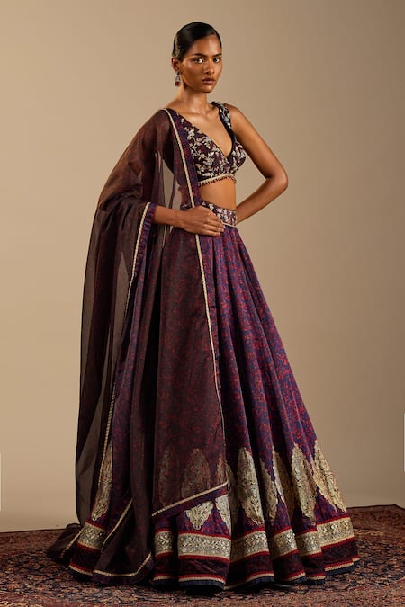 Buy_Cedar & Pine_Blue Satin, Velvet, Organza Zari, Embroidery V-neck Vittoria Printed Lehenga Set _Online_at_Aza_Fashions