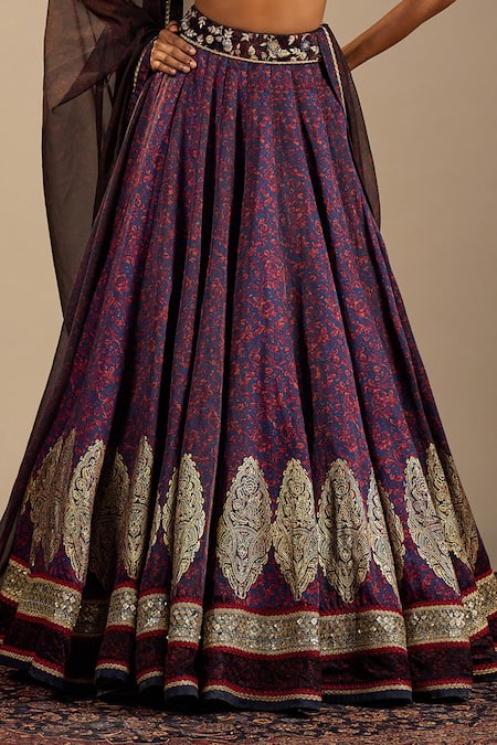 Shop_Cedar & Pine_Blue Satin, Velvet, Organza Zari, Embroidery V-neck Vittoria Printed Lehenga Set _Online_at_Aza_Fashions