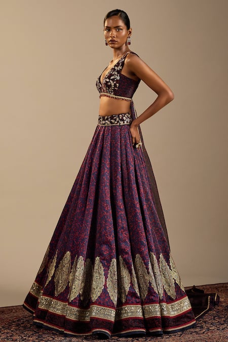 Cedar & Pine_Blue Satin, Velvet, Organza Zari, Embroidery V-neck Vittoria Printed Lehenga Set _at_Aza_Fashions