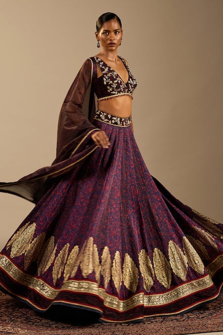 Buy_Cedar & Pine_Blue Satin, Velvet, Organza Zari, Embroidery V-neck Vittoria Printed Lehenga Set 