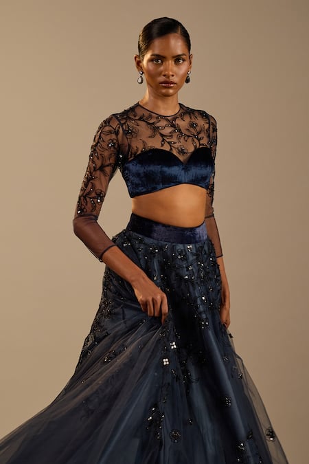 Cedar & Pine_Black Velvet, Tulle Sequins Sweetheart Neck Elena Embroidered Skirt With Blouse _Online_at_Aza_Fashions