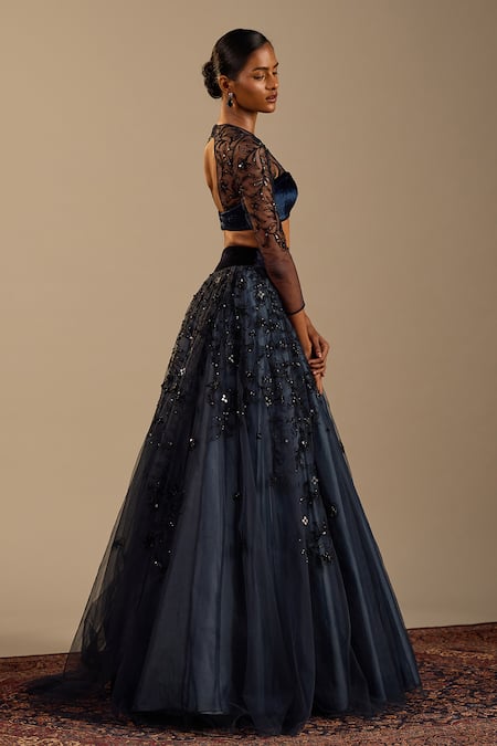 Shop_Cedar & Pine_Black Velvet, Tulle Sequins Sweetheart Neck Elena Embroidered Skirt With Blouse _Online_at_Aza_Fashions