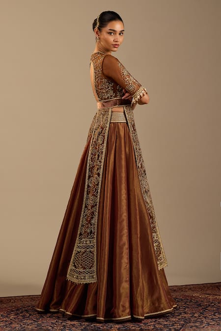Cedar & Pine_Brown Tissue, Tulle Embroidery, Zari, Tassels V-neck Sienna Jacket And Skirt Set _Online_at_Aza_Fashions