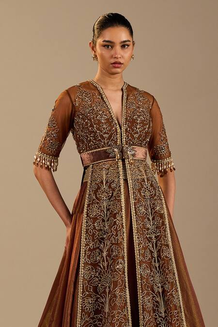 Buy_Cedar & Pine_Brown Tissue, Tulle Embroidery, Zari, Tassels V-neck Sienna Jacket And Skirt Set _Online_at_Aza_Fashions