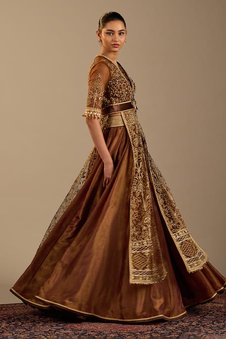 Shop_Cedar & Pine_Brown Tissue, Tulle Embroidery, Zari, Tassels V-neck Sienna Jacket And Skirt Set _Online_at_Aza_Fashions